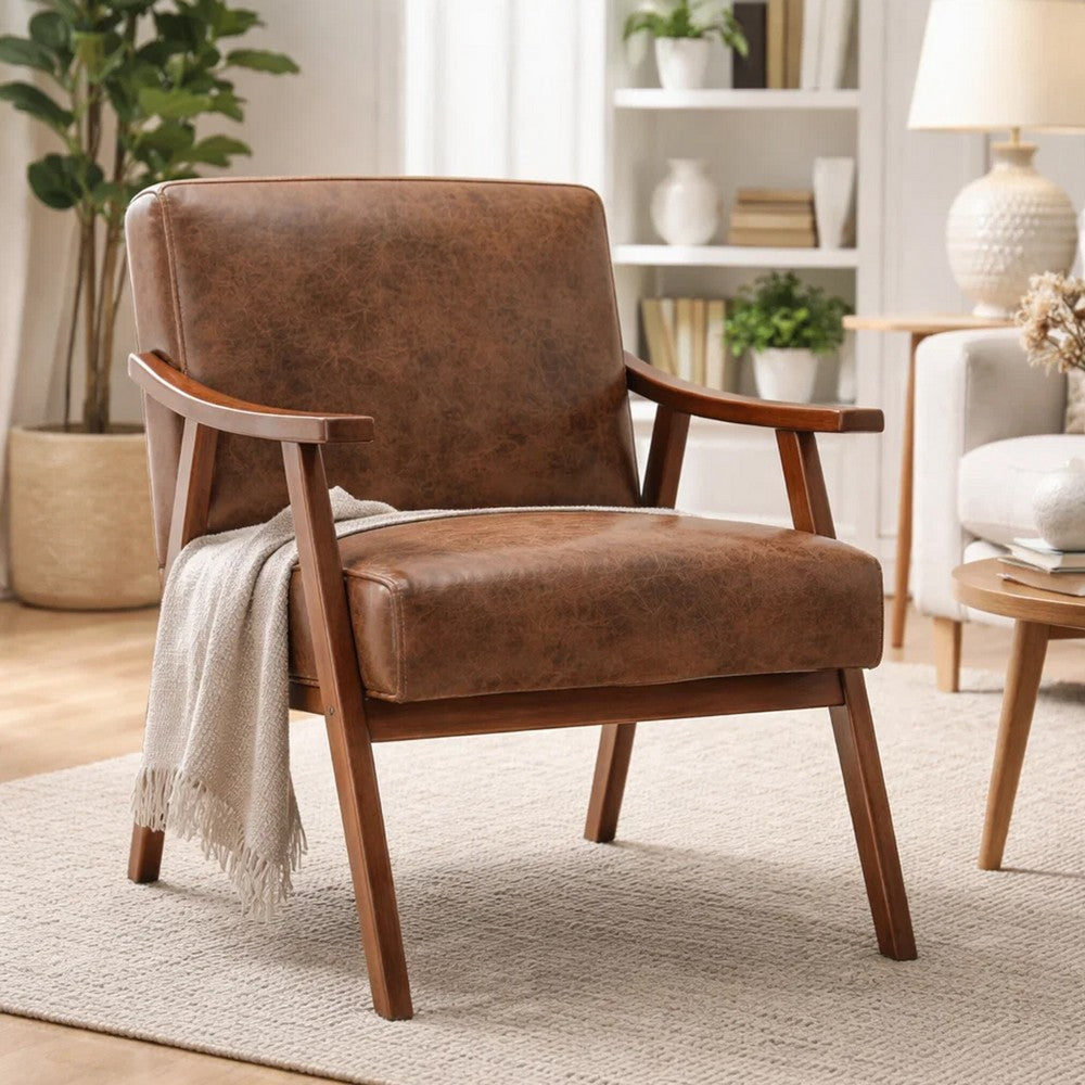 Ryno Mid-Century Accent Chair, Natural Wood Frame, Brown Microfiber