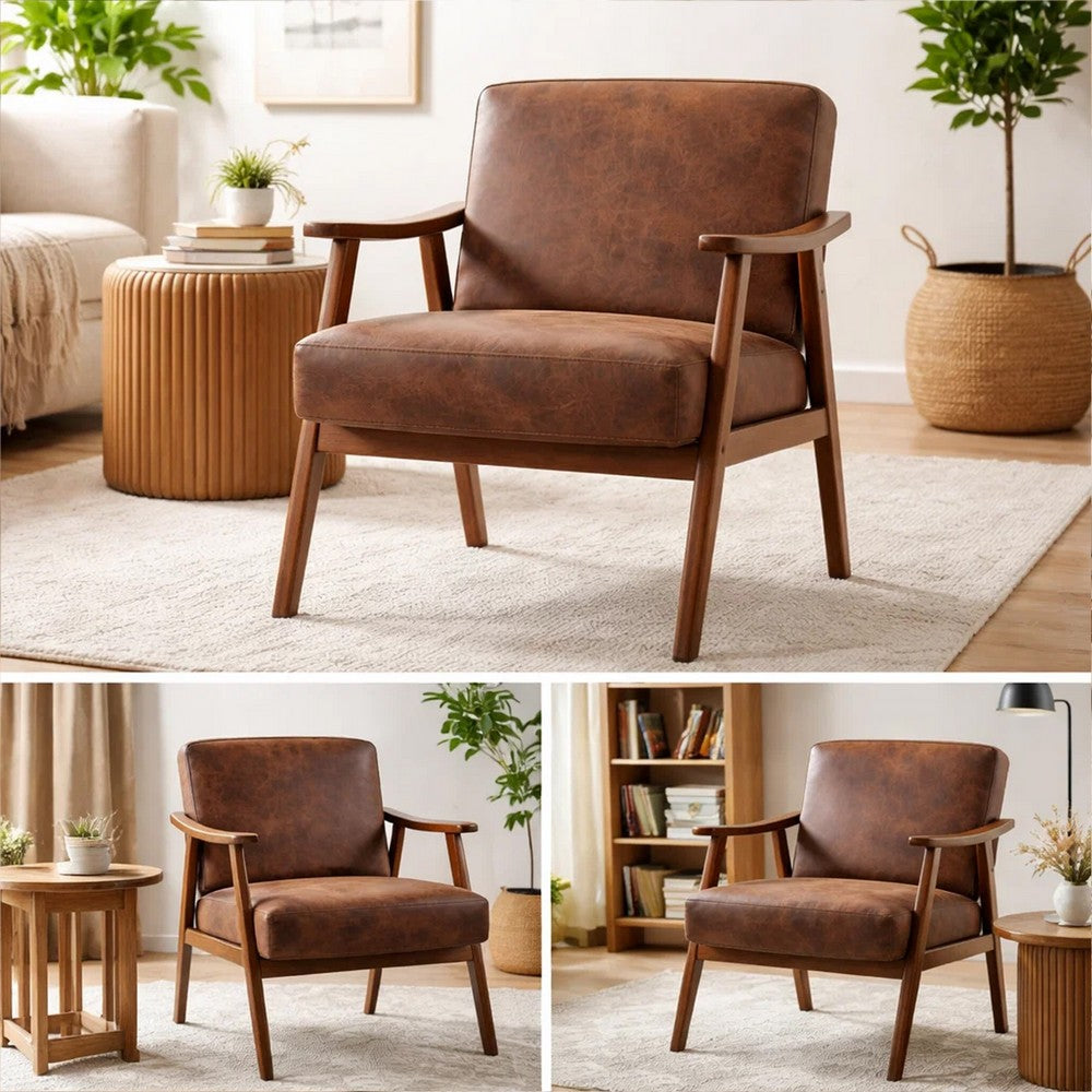 Ryno Mid-Century Accent Chair, Natural Wood Frame, Brown Microfiber