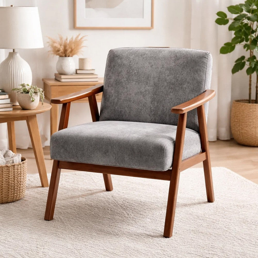 Ryno Mid-Century Accent Chair, Natural Wood Frame, Gray Microfiber