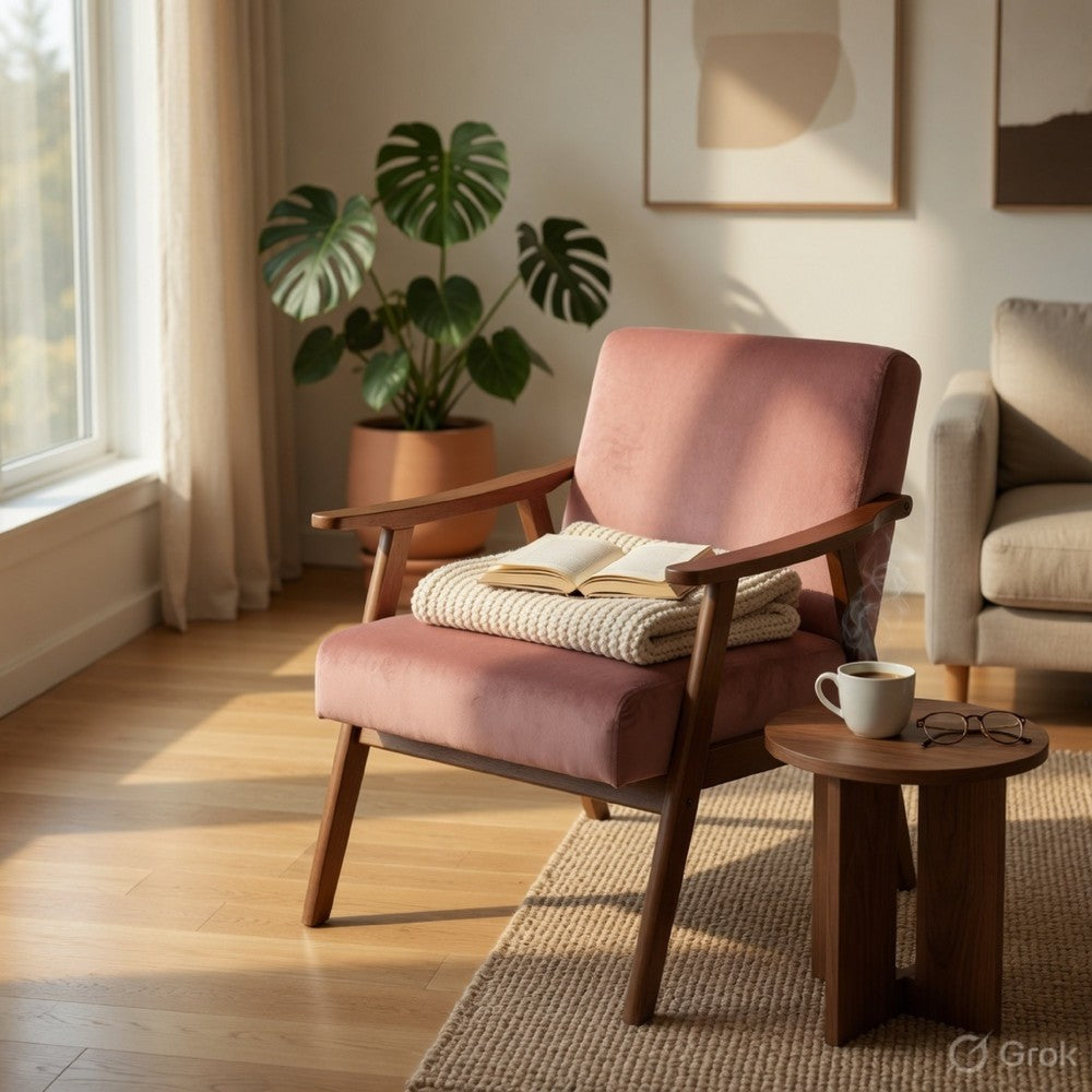 Ryno Mid-Century Accent Chair, Natural Wood Frame, Rose Pink Velvet