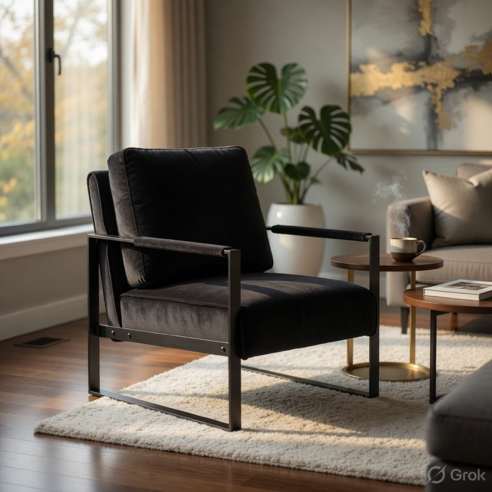 Kriya Accent Lounge Arm Chair with Black Metal Frame, Black Velvet