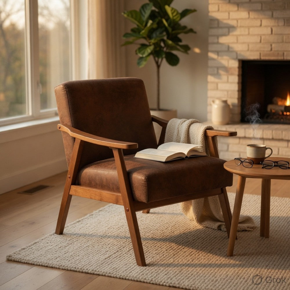 Ryno Mid-Century Accent Chair, Natural Wood Frame, Brown Microfiber