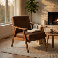 Ryno Mid-Century Accent Chair, Natural Wood Frame, Brown Microfiber
