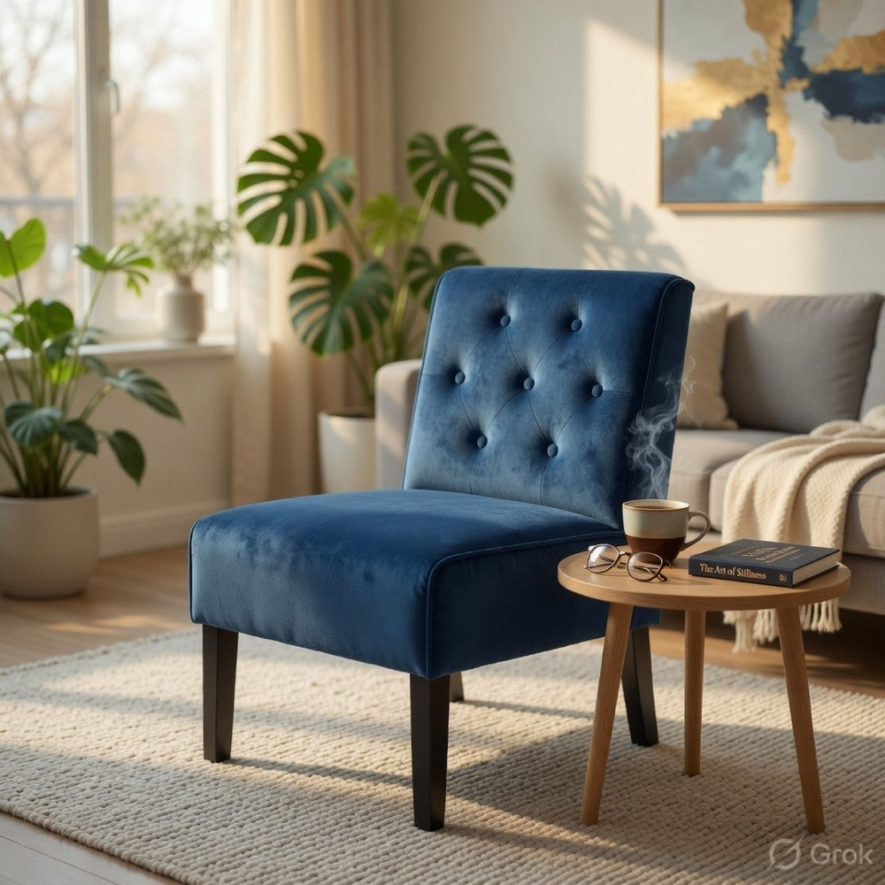 Revvy Armless Chair, Tapered Legs, Set of 2, Dark Blue Tufted Velvet