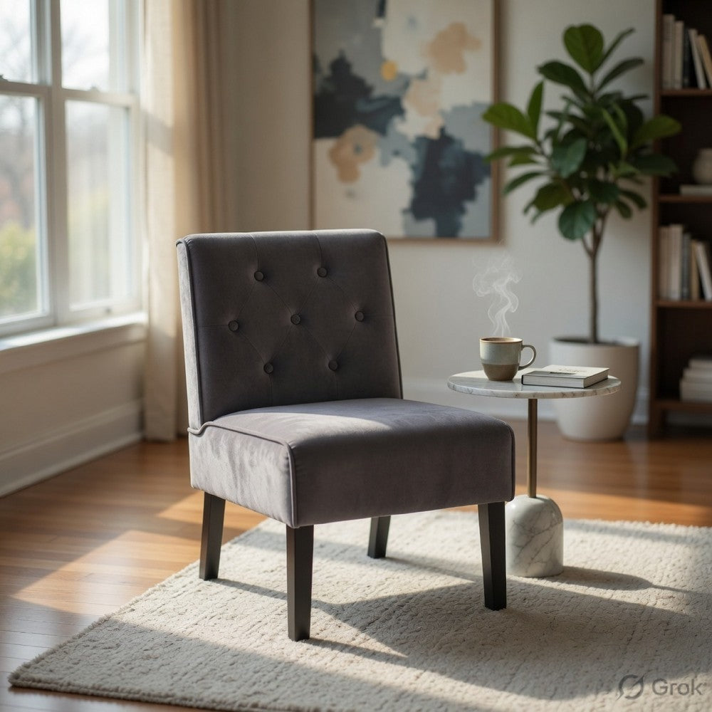 Revvy Armless Chair with Tapered Legs, Set of 2, Gray Tufted Velvet