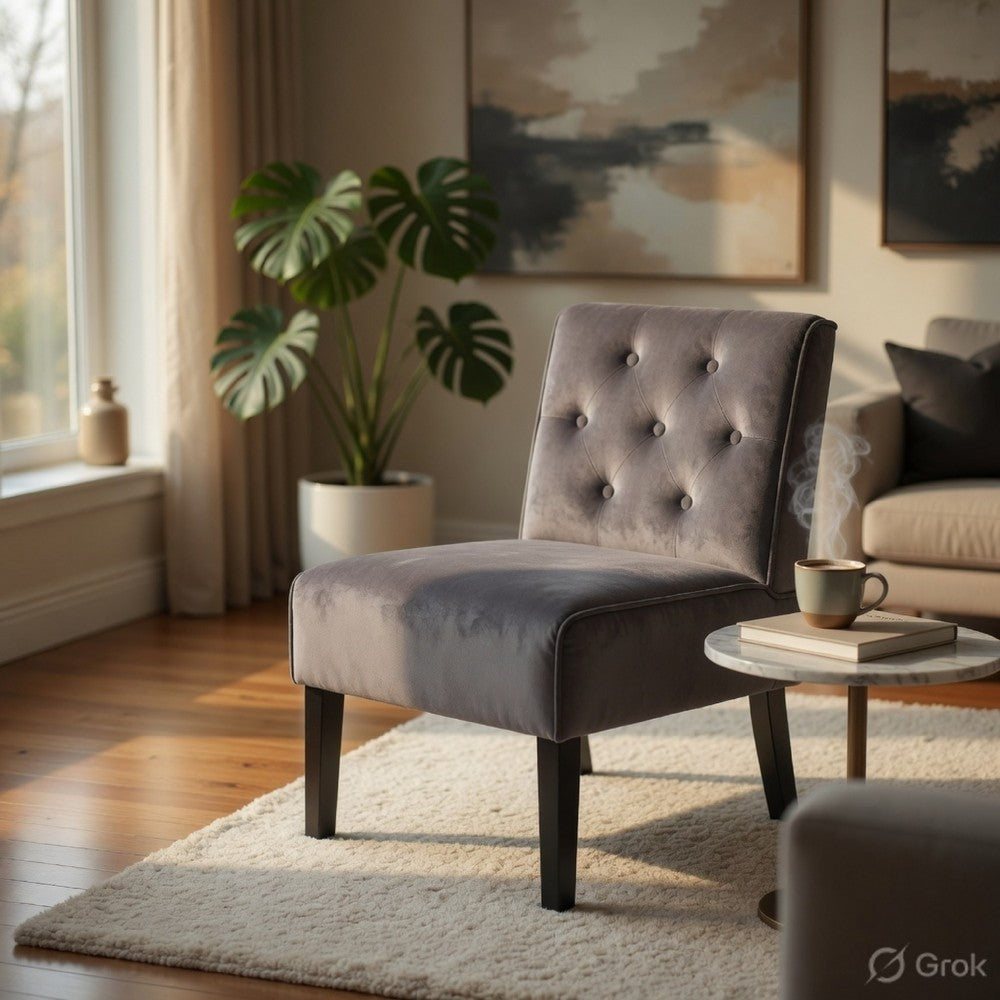 Revvy Armless Chair with Tapered Legs, Set of 2, Gray Tufted Velvet