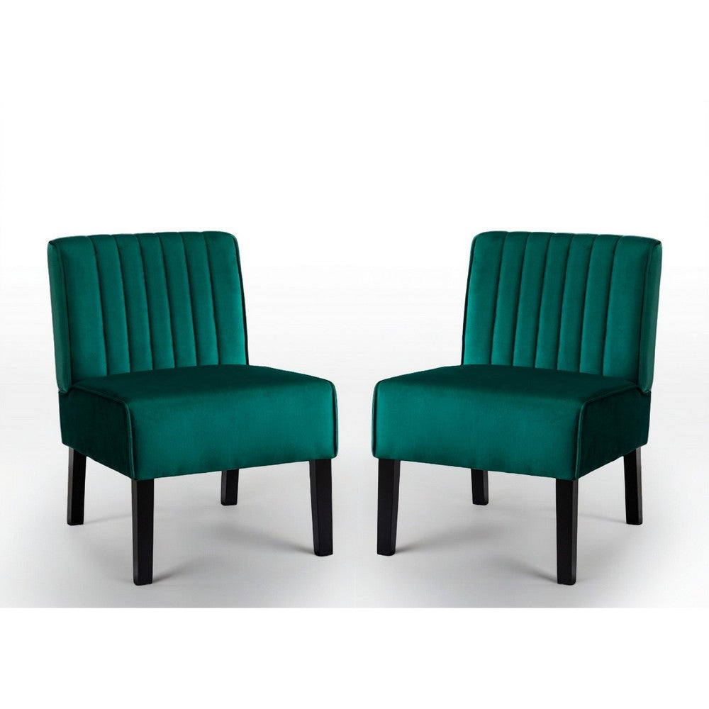 Revvy Accent Chair Set of 2, Black Wood, Green Channel-Tufted Velvet