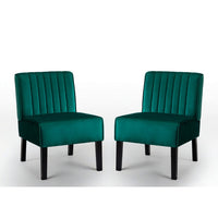 Revvy Accent Chair Set of 2, Black Wood, Green Channel-Tufted Velvet