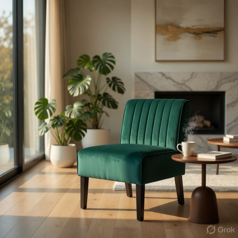 Revvy Accent Chair Set of 2, Black Wood, Green Channel-Tufted Velvet