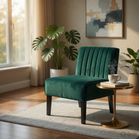Revvy Accent Chair Set of 2, Black Wood, Green Channel-Tufted Velvet