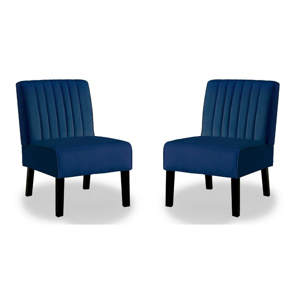 Revvy Accent Chair Set of 2, Black Wood, Blue Channel-Tufted Velvet