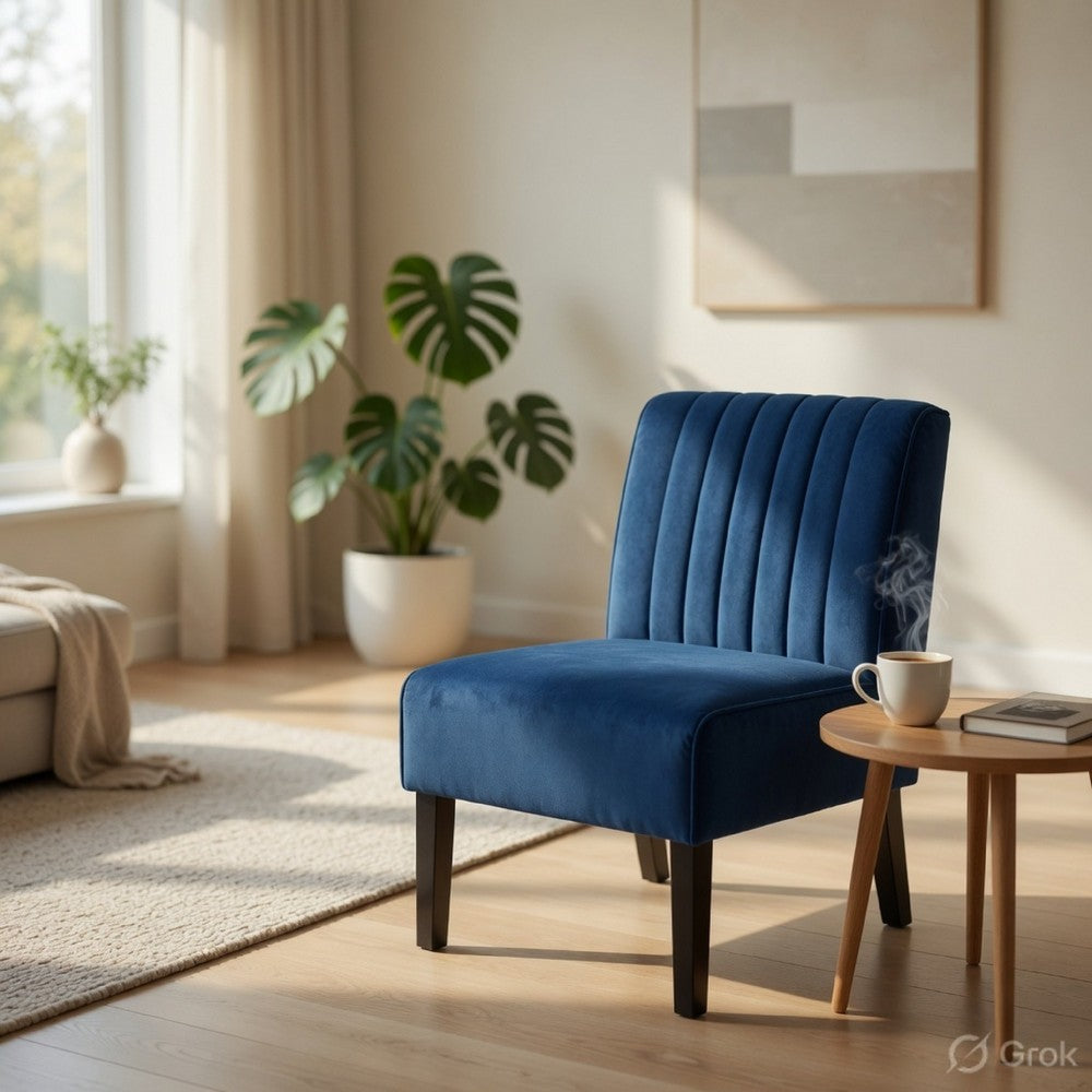 Revvy Accent Chair Set of 2, Black Wood, Blue Channel-Tufted Velvet