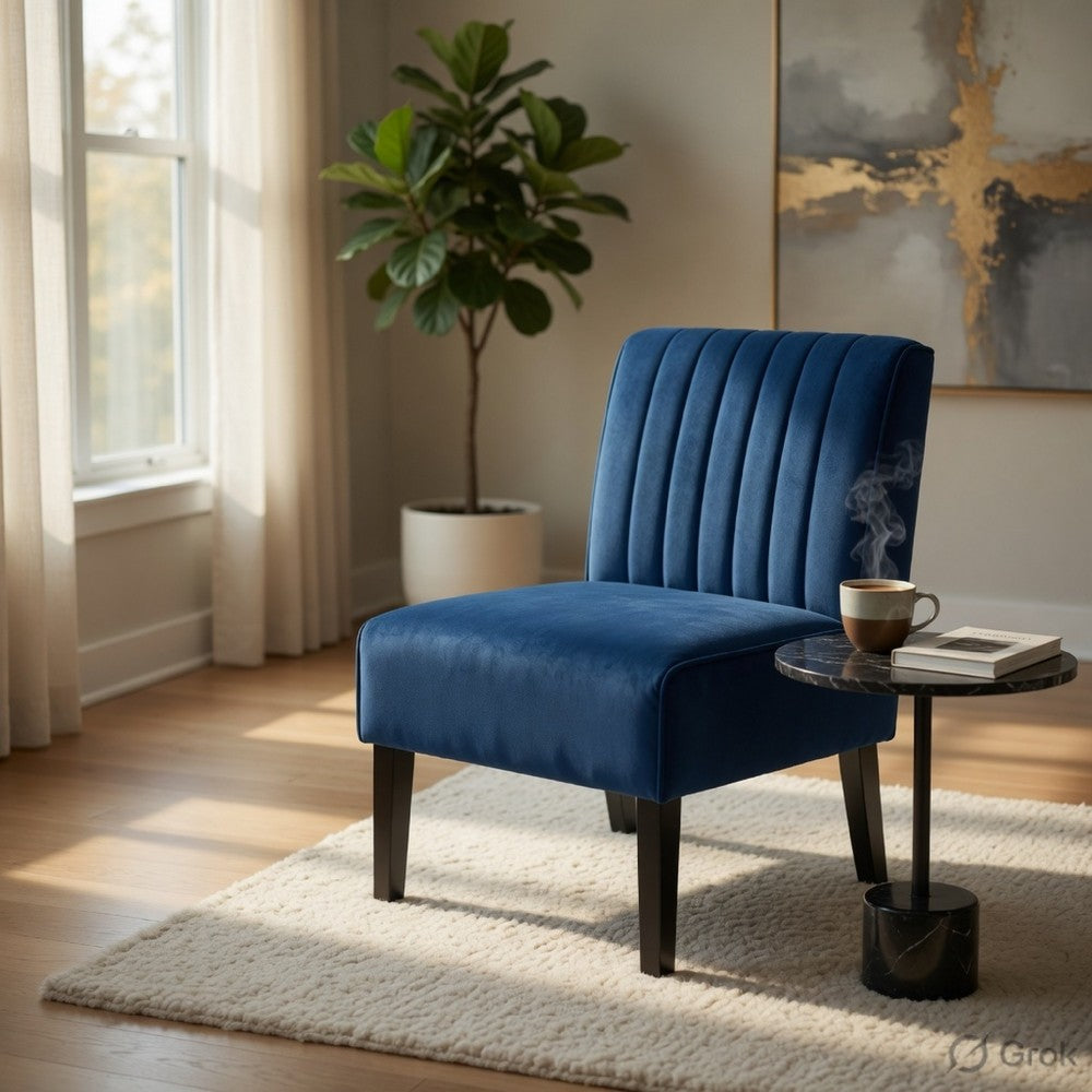 Revvy Accent Chair Set of 2, Black Wood, Blue Channel-Tufted Velvet