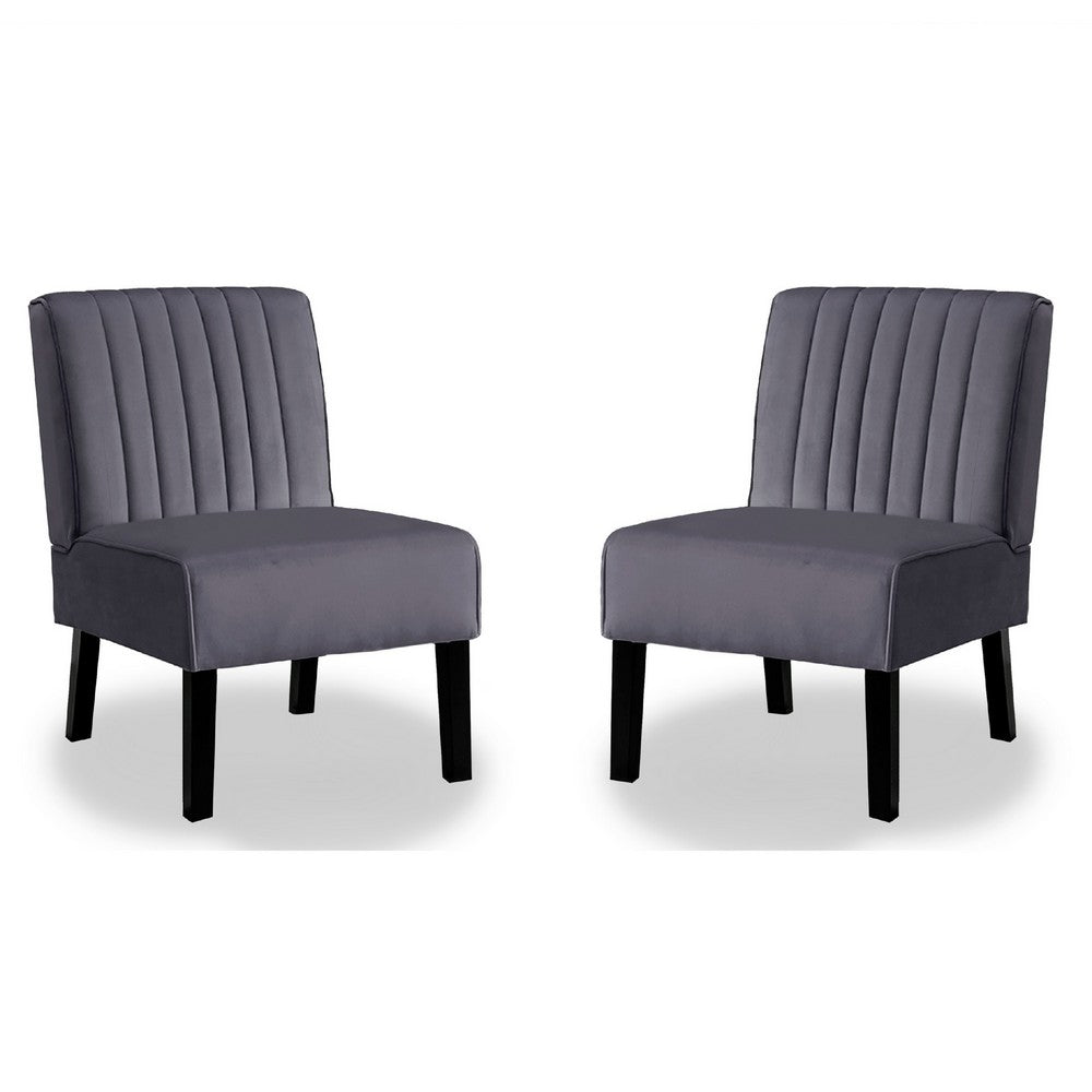 Revvy Accent Chair Set of 2, Black Wood, Gray Channel-Tufted Velvet
