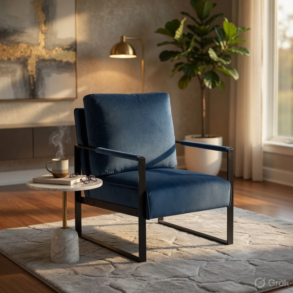 Kriya Accent Lounge Arm Chair with Black Metal Frame, Blue Velvet