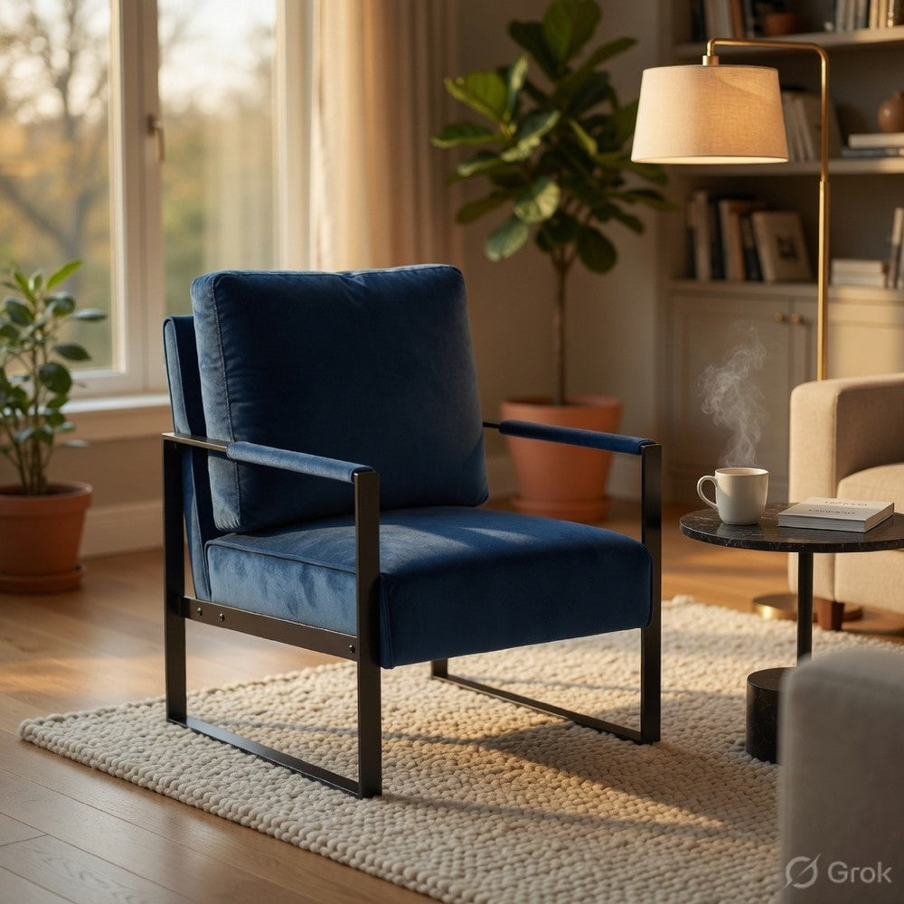 Kriya Accent Lounge Arm Chair with Black Metal Frame, Blue Velvet