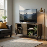 Donna TV Stand Media Console, Shelves and 2 Door Cabinet, Walnut Wood 47 Inch