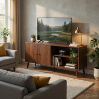 Donna TV Stand Media Console, Shelves and 2 Door Cabinet, Walnut Wood 47 Inch