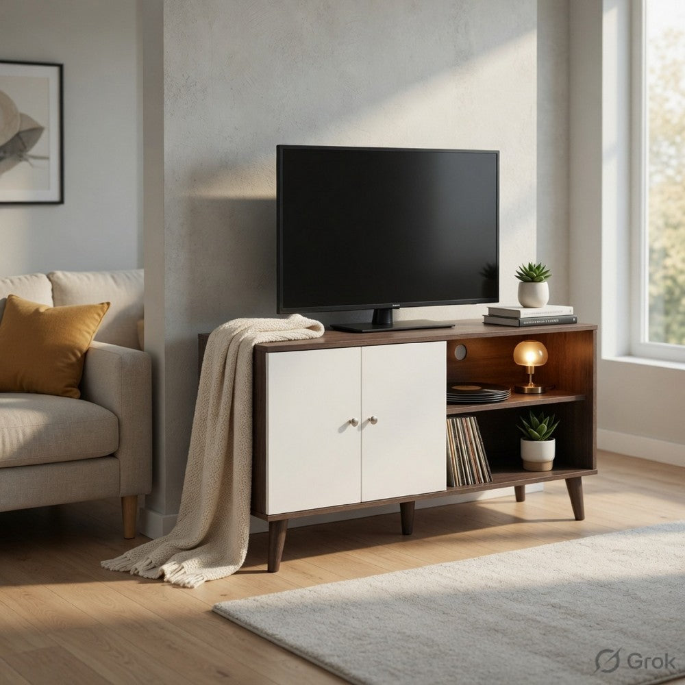 Donna TV Stand Media Console with 2 Door Cabinet, Dark Gray-White Wood 47 Inch