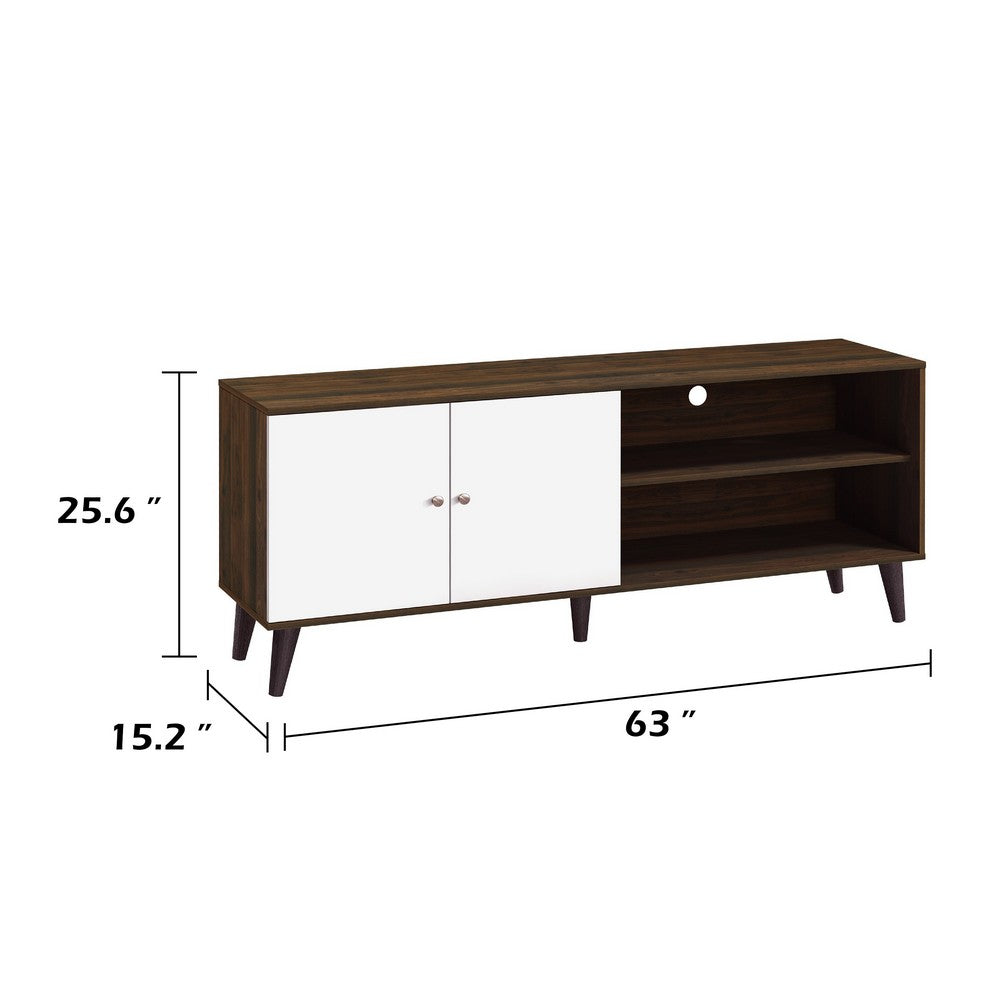 Donna TV Stand Media Console with 2 Door Cabinet, Walnut-White Wood 63 Inch