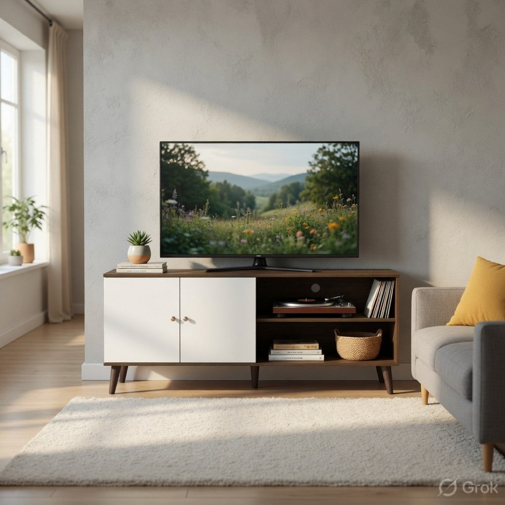 Donna TV Stand Media Console with 2 Door Cabinet, Walnut-White Wood 63 Inch