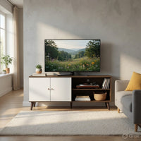 Donna TV Stand Media Console with 2 Door Cabinet, Walnut-White Wood 63 Inch