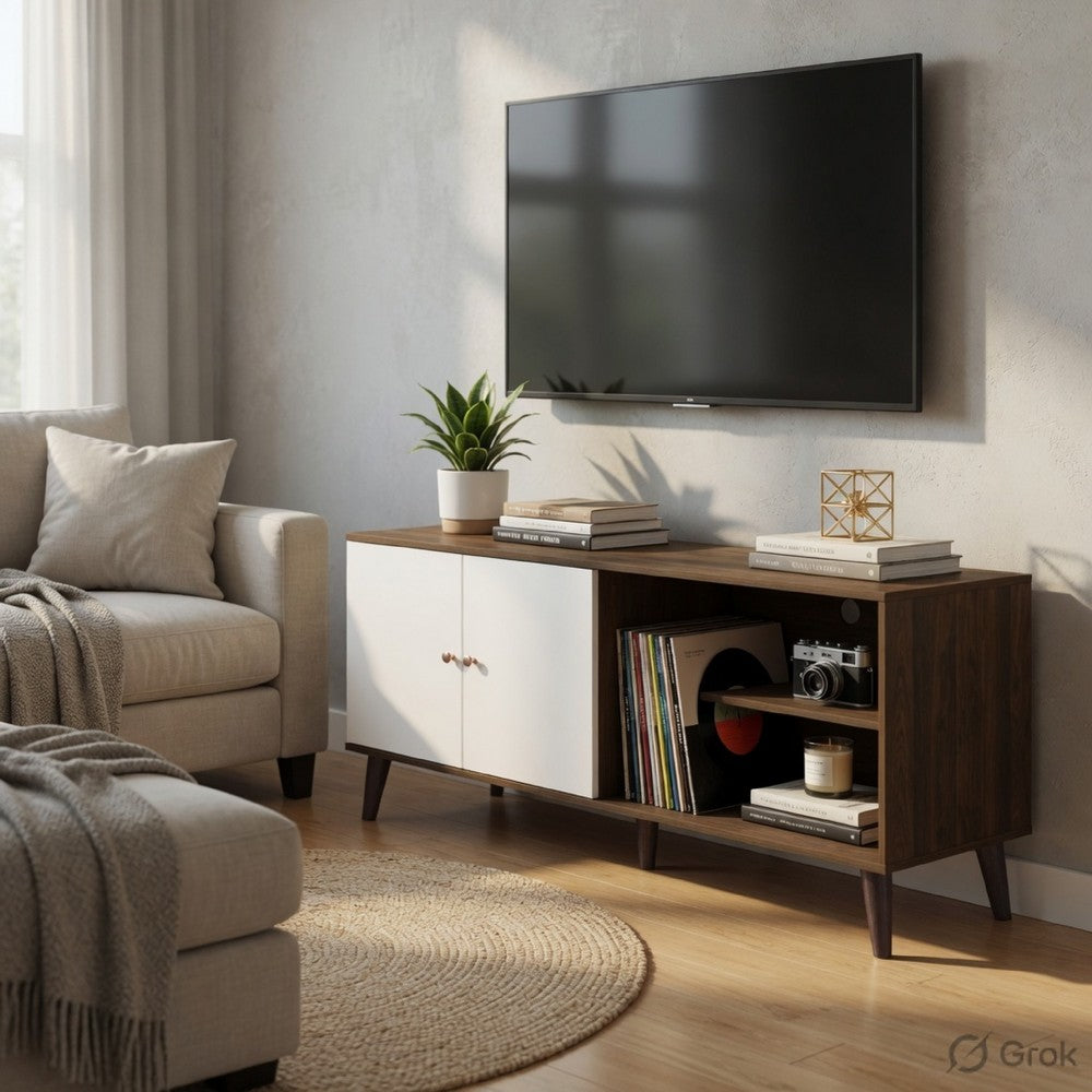 Donna TV Stand Media Console with 2 Door Cabinet, Walnut-White Wood 63 Inch