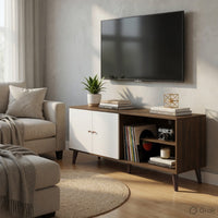 Donna TV Stand Media Console with 2 Door Cabinet, Walnut-White Wood 63 Inch