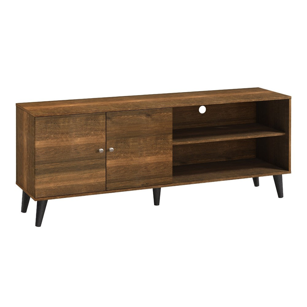 Donna TV Stand Media Console, Shelves and 2 Door Cabinet, Brown Wood 63 Inch