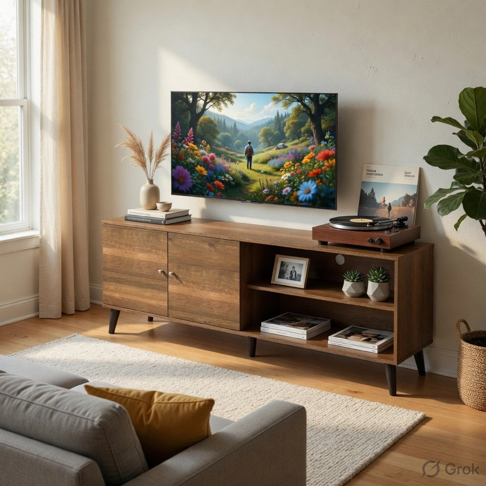 Donna TV Stand Media Console, Shelves and 2 Door Cabinet, Brown Wood 63 Inch