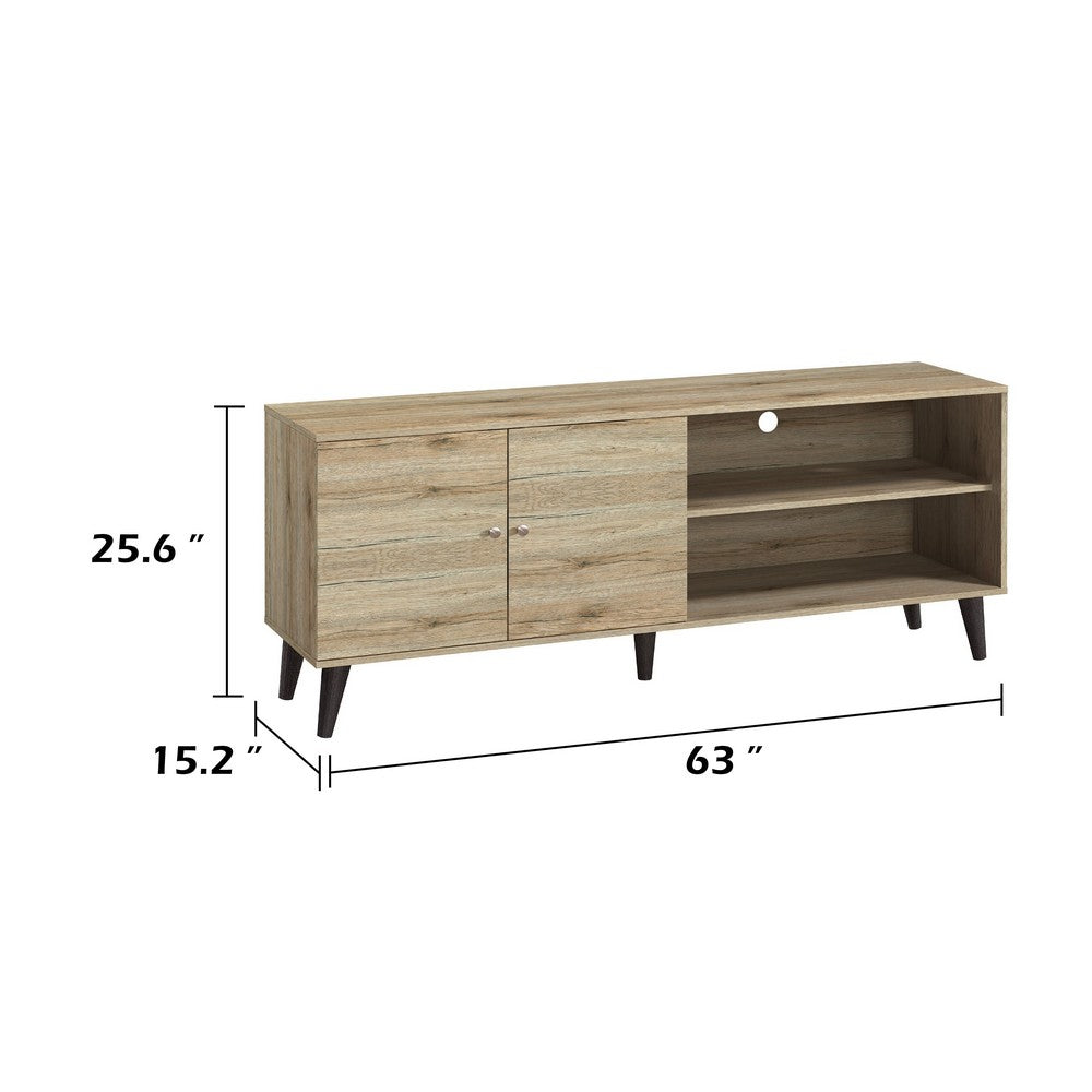 Donna TV Stand Media Console, Shelves and 2 Door Cabinet, Oak Gray Wood 63 Inch