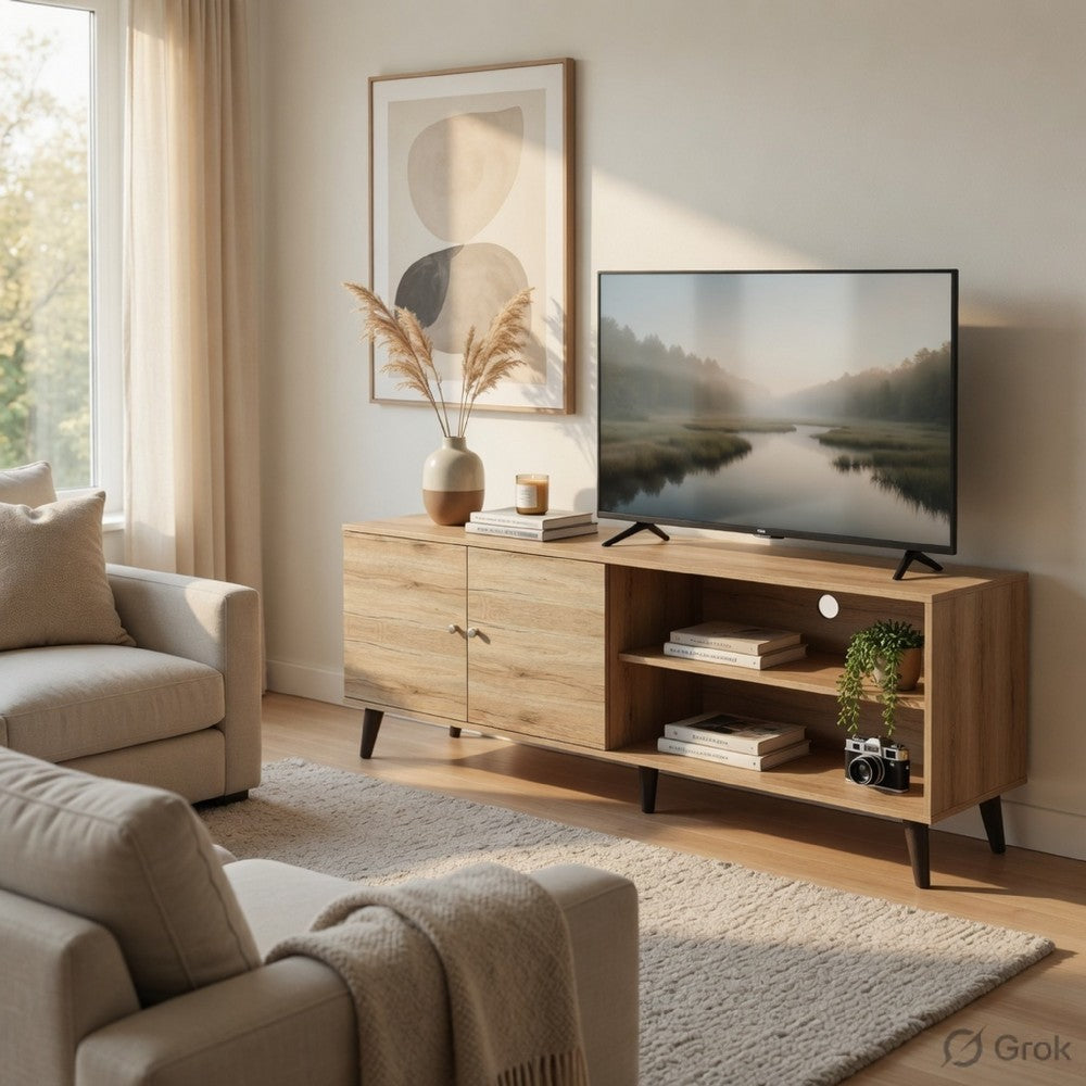 Donna TV Stand Media Console, Shelves and 2 Door Cabinet, Oak Gray Wood 63 Inch