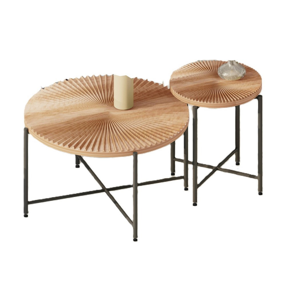 Covey 2Pc Coffee and End Table Set with Radial Pattern, Natural Wood