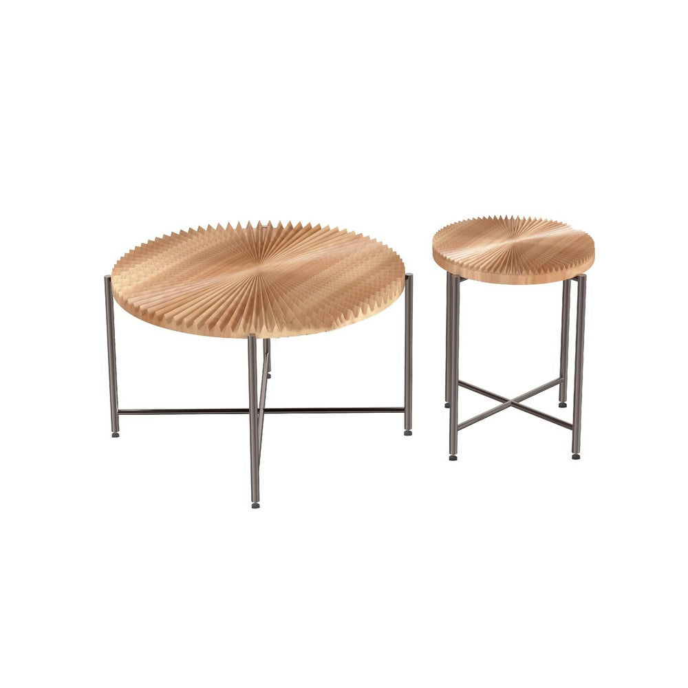 Covey 2Pc Coffee and End Table Set with Radial Pattern, Natural Wood