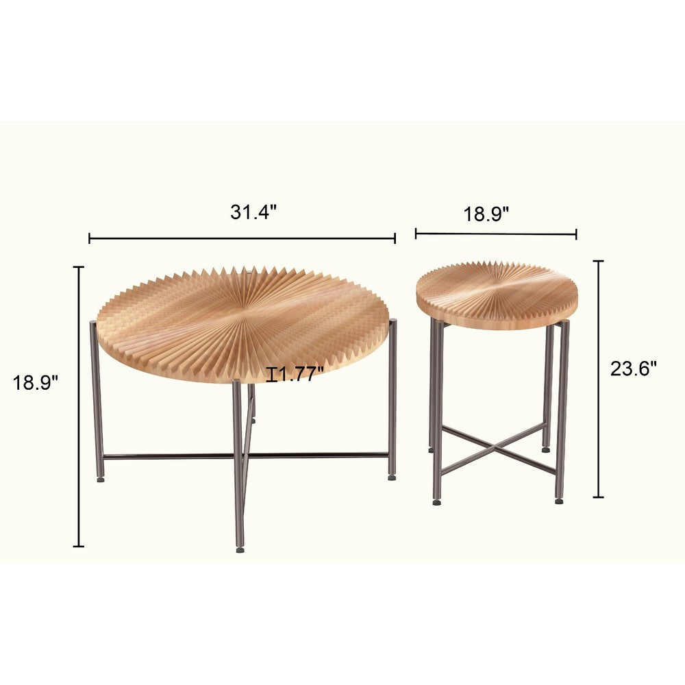 Covey 2Pc Coffee and End Table Set with Radial Pattern, Natural Wood