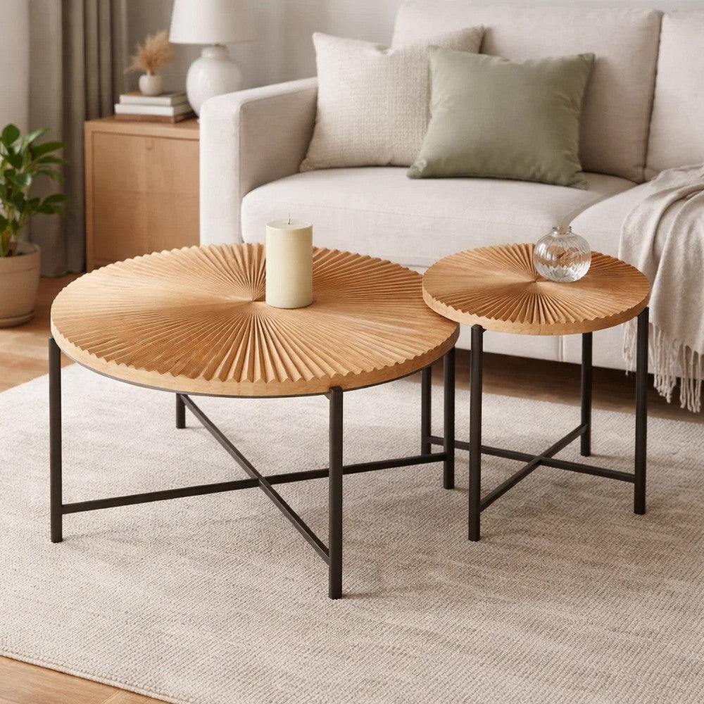 Covey 2Pc Coffee and End Table Set with Radial Pattern, Natural Wood
