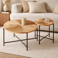 Covey 2Pc Coffee and End Table Set with Radial Pattern, Natural Wood