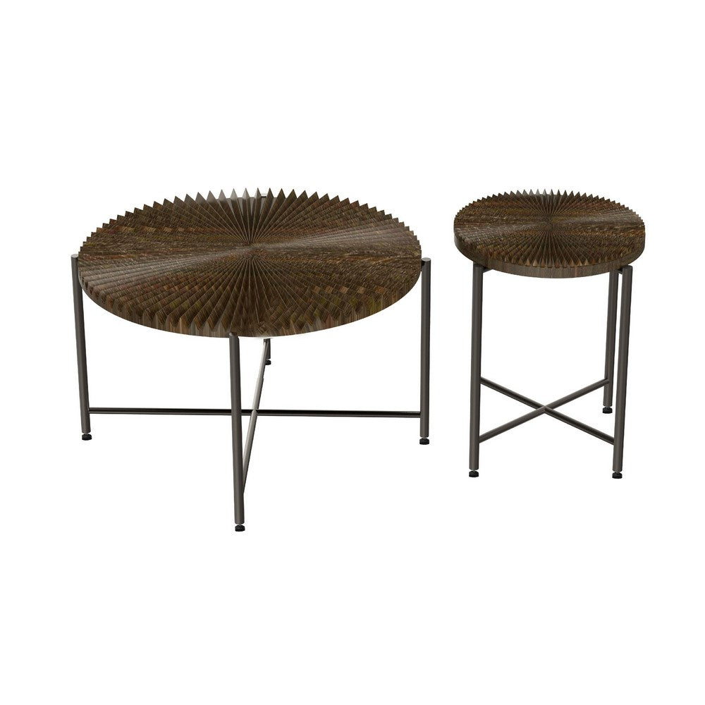 Covey 2Pc Coffee and End Table Set with Radial Pattern, Walnut Wood