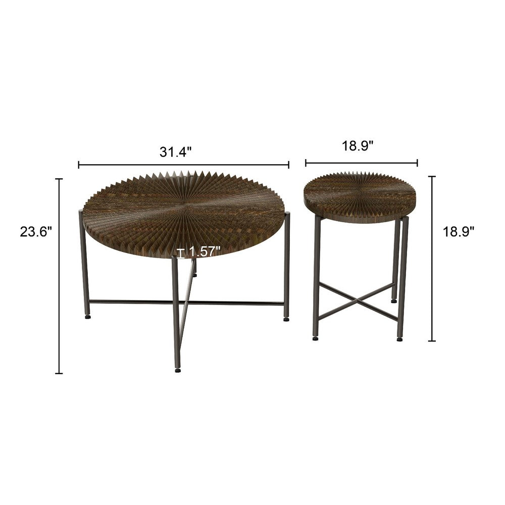 Covey 2Pc Coffee and End Table Set with Radial Pattern, Walnut Wood