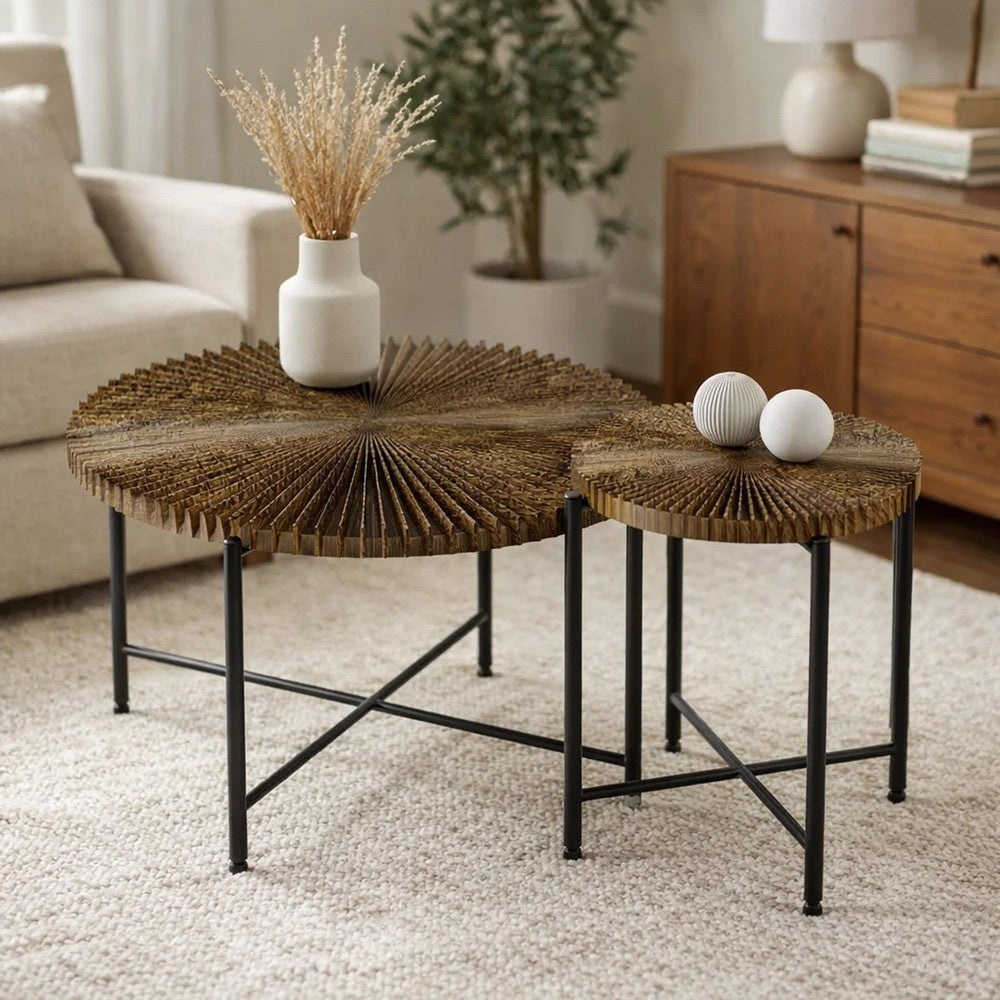 Covey 2Pc Coffee and End Table Set with Radial Pattern, Walnut Wood