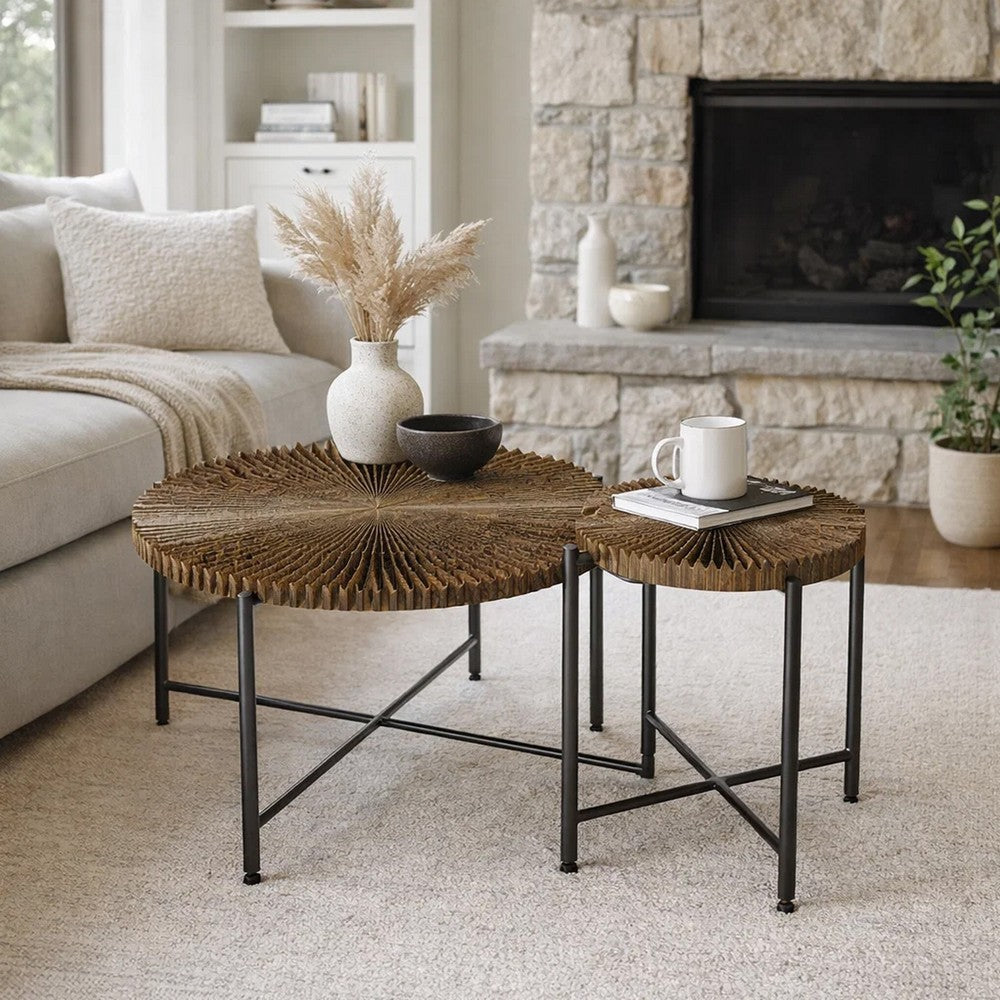 Covey 2Pc Coffee and End Table Set with Radial Pattern, Walnut Wood