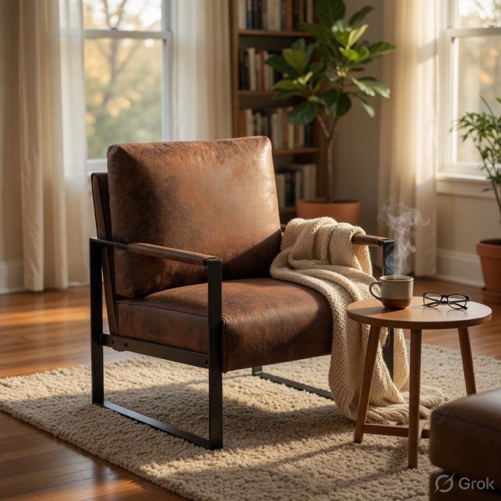 Kriya Accent Lounge Arm Chair with Black Metal Frame, Brown Microfiber