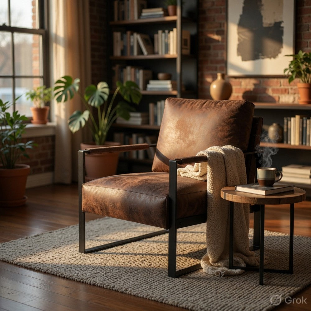 Kriya Accent Lounge Arm Chair with Black Metal Frame, Brown Microfiber