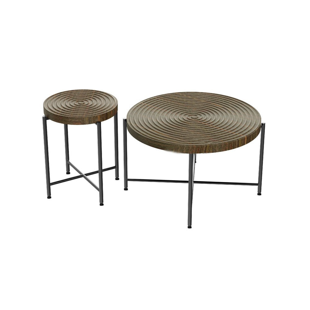 Sierra 2Pc Coffee and End Table Set, Carved Ring Pattern Walnut Top