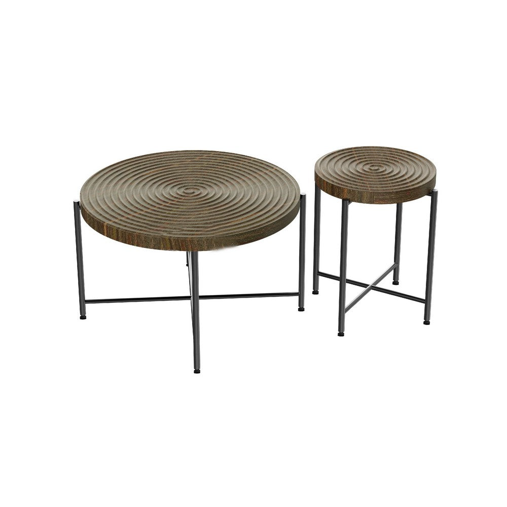 Sierra 2Pc Coffee and End Table Set, Carved Ring Pattern Walnut Top