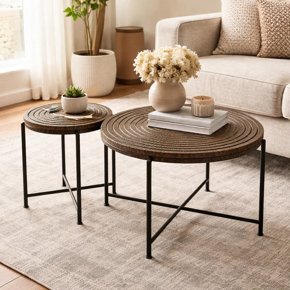 Sierra 2Pc Coffee and End Table Set, Carved Ring Pattern Walnut Top