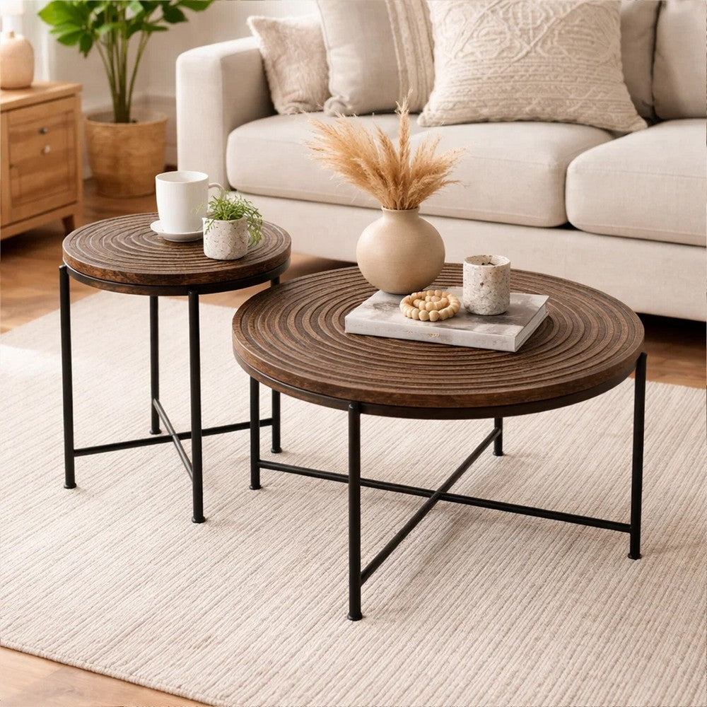 Sierra 2Pc Coffee and End Table Set, Carved Ring Pattern Walnut Top