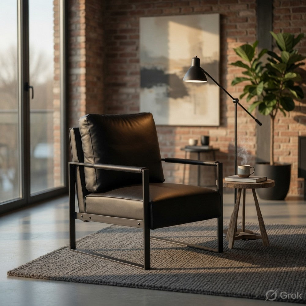 Kriya Accent Lounge Arm Chair with Black Metal Frame, Black Vegan Leather