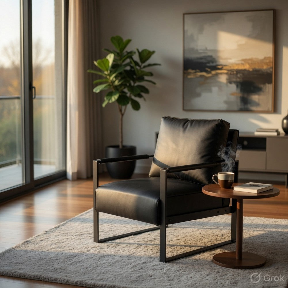 Kriya Accent Lounge Arm Chair with Black Metal Frame, Black Vegan Leather