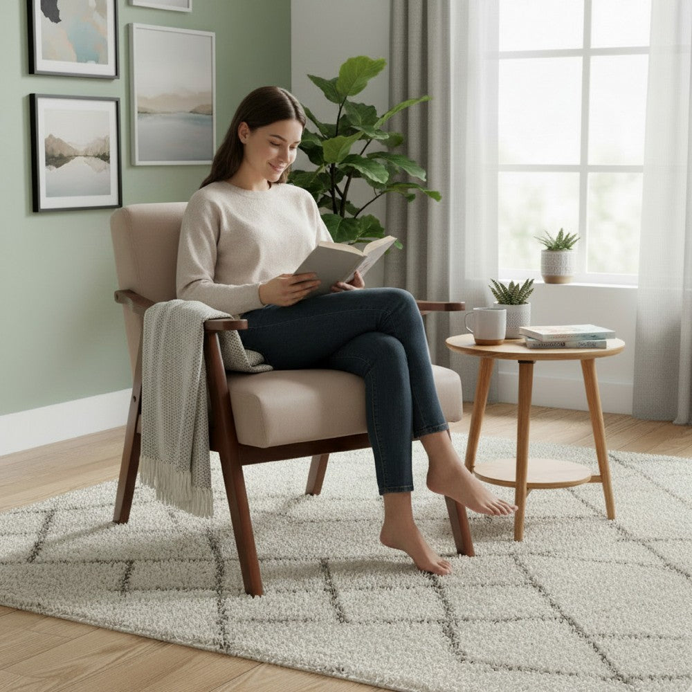 Ryno Mid-Century Accent Chair, Natural Wood Frame, Camel Microfiber